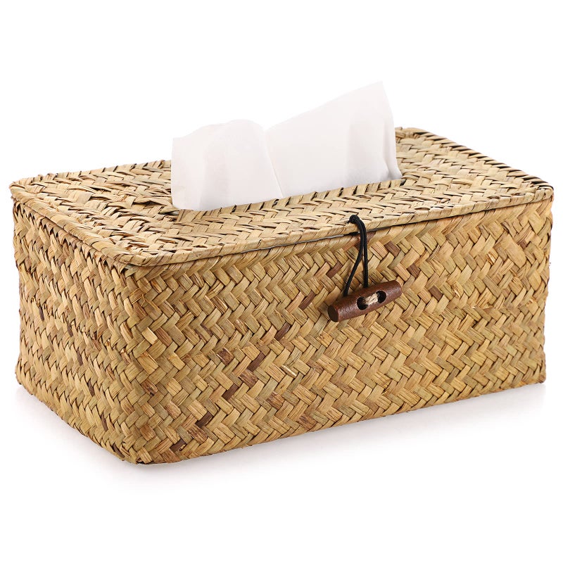 Sumnacon Tissue Box Cover Rectangle Tissue Box Seagrass Tissue Box Holder Woven Tissue Holder Decorative Tissue Cover for Bathroom Tissue Box Cover Rectangular for Home Office Table Yellow - Image 1